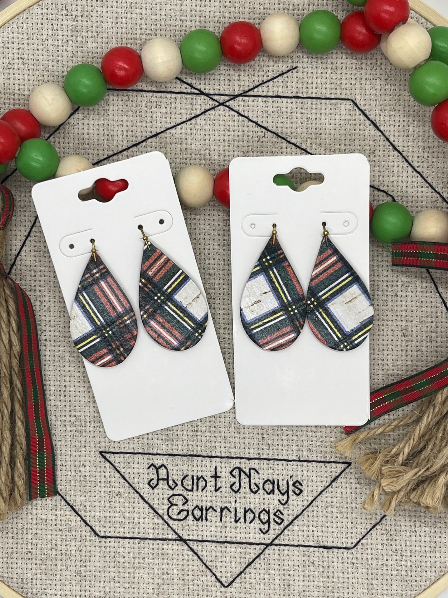White Blue Red Green and Yellow Plaid Print Cork Earrings