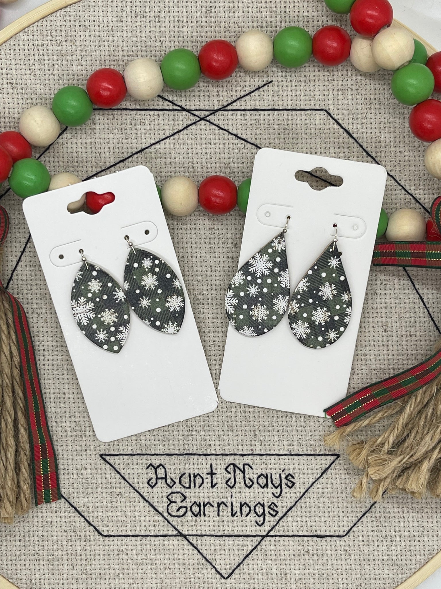 Black and Green Buffalo Plaid with White Snowflakes Earrings