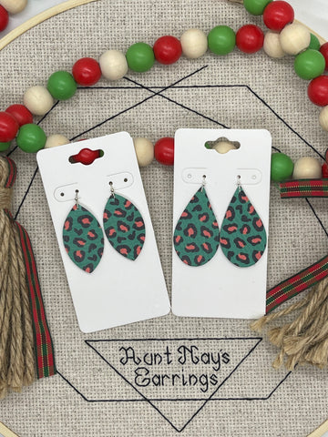 Green Leather with Red and Black Leopard Print Earrings