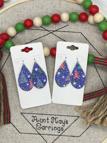Blue Cork with a Christmas Tree Print Earrings