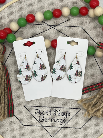White Cork with Leopard and Buffalo Plaid Christmas Tree Print Earrings