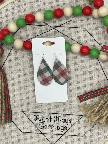 Cream Green and Red Buffalo Plaid Print Leather Earrings