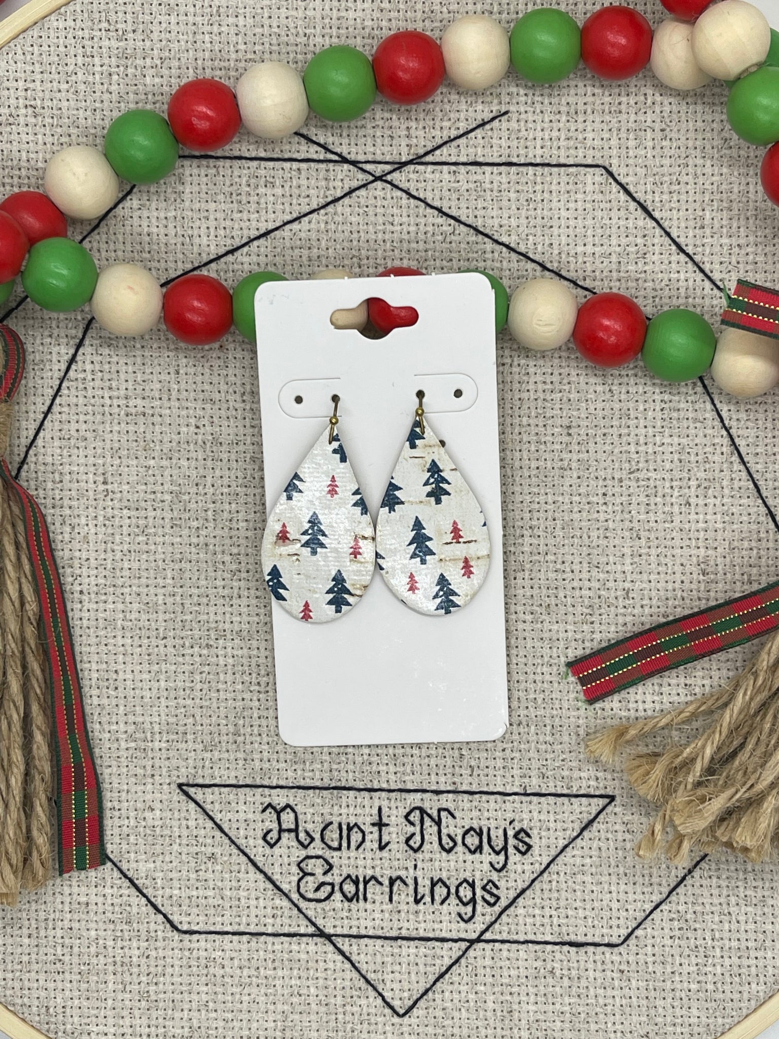 White Cork with Green and Red Christmas Tree Print Earrings