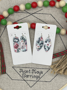 Christmas Floral Print in Pinks and Dark Teal Green Earrings