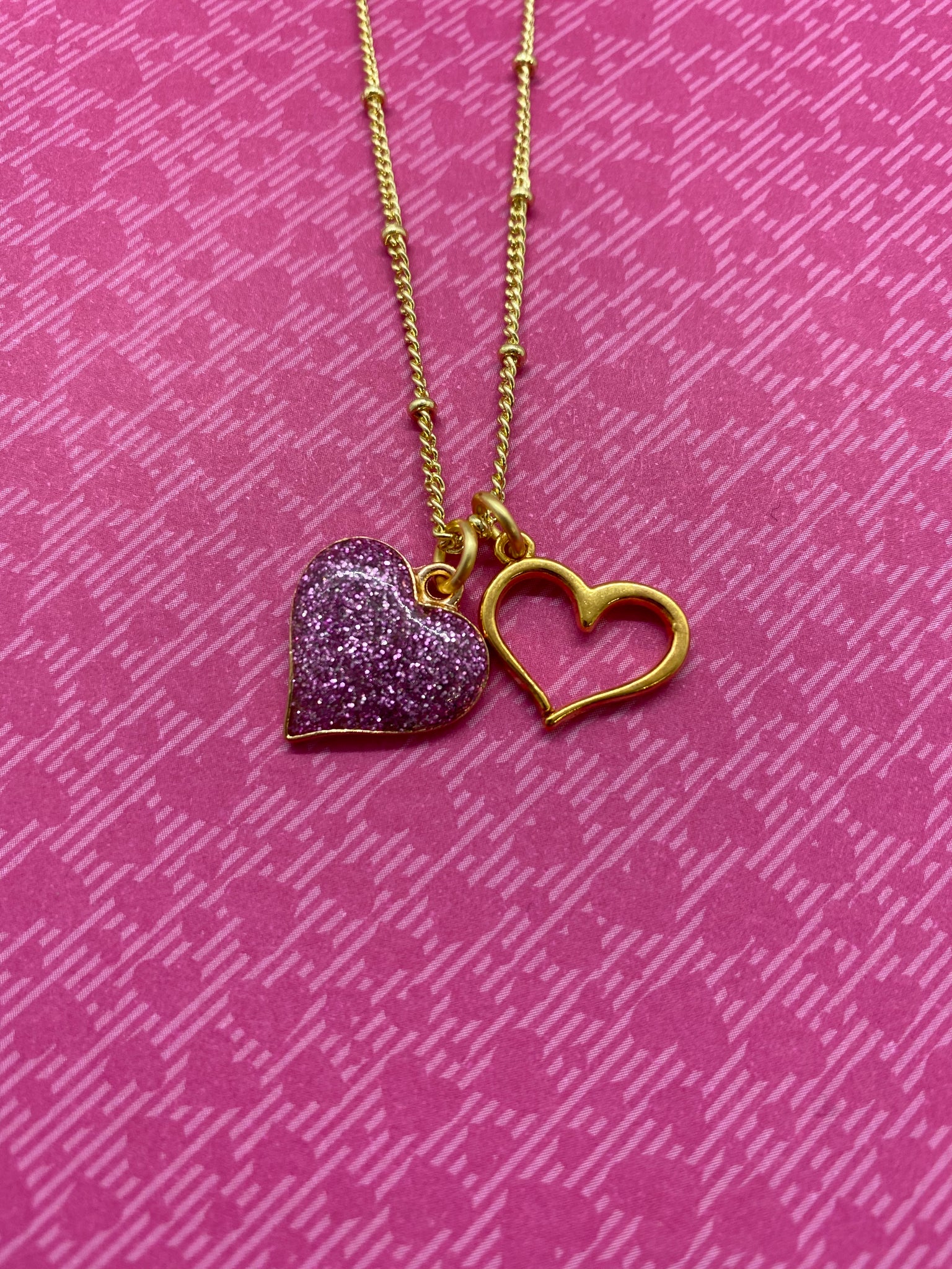Pink Glitter Heart Necklace with Gold Heart Charm