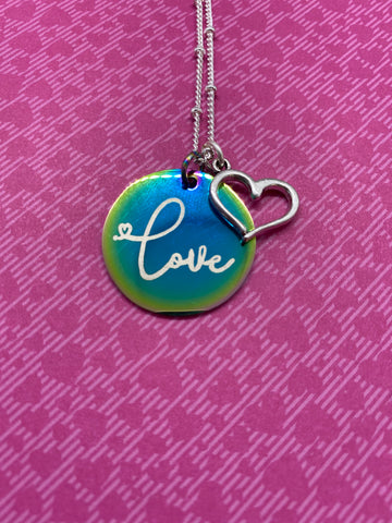 Colored Pendant Necklace with LOVE Engraving and Heart Charm