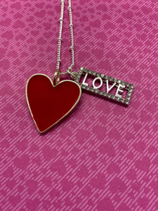 Red Enamel Heart Necklace with Rhinestone LOVE Charm