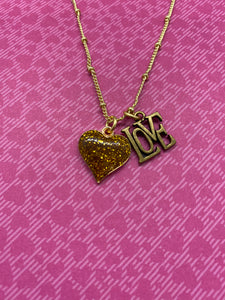 Gold Glitter Heart Necklace with Antique Gold LOVE Charm