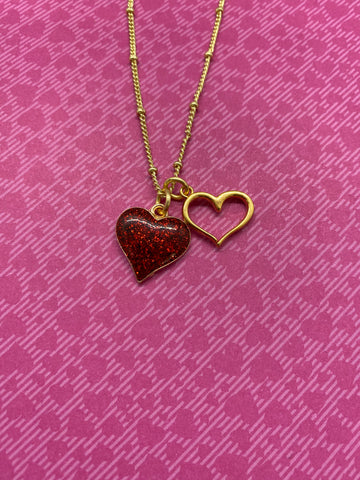 Red Glitter Heart Necklace with Gold Heart Charm