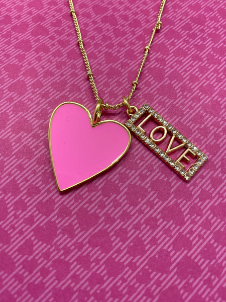 Pink Enamel Heart Necklace with Rhinestone LOVE Charm