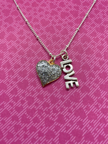 Silver Glitter Heart Necklace with LOVE Charm