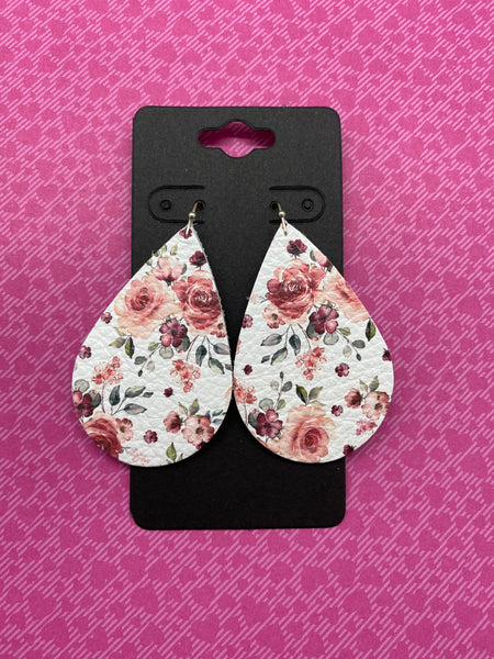 Pink Rose Print Leather Earrings