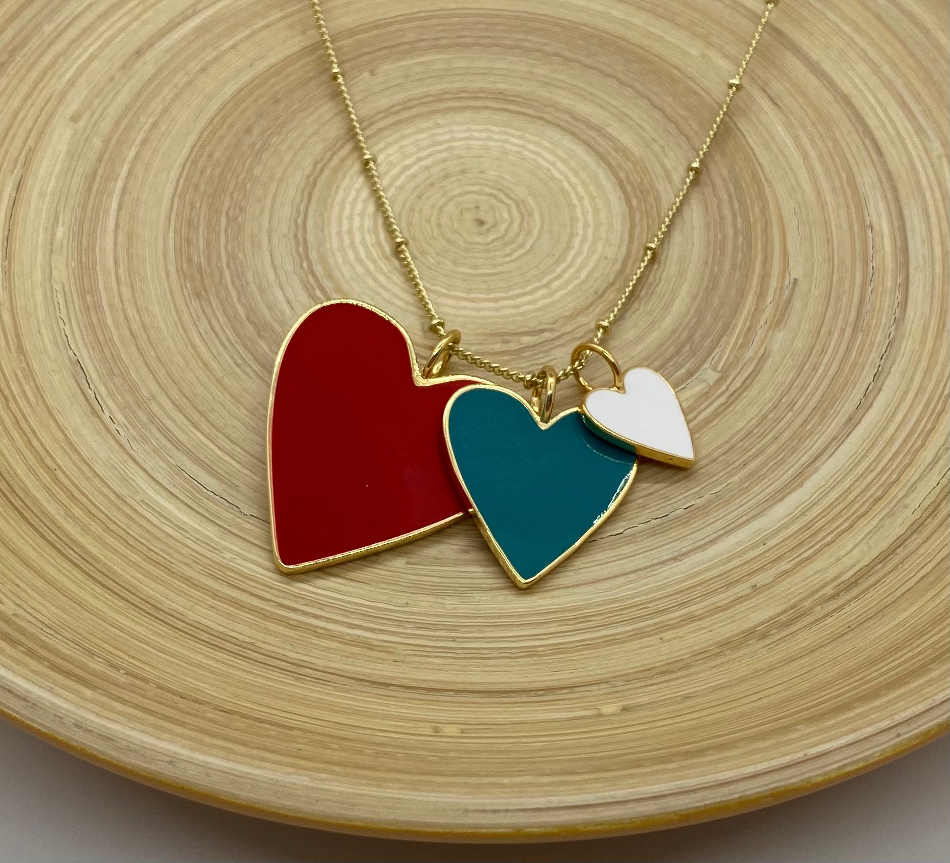 Heart Trio Necklace - Red Teal and White