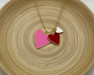 Heart Trio Necklace - Pink Red and White
