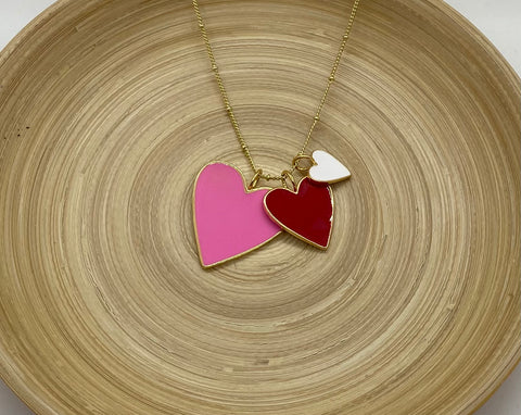 Heart Trio Necklace - Pink Red and White