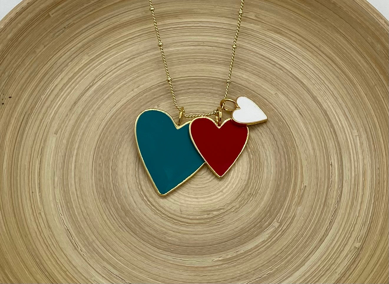 Heart Trio Necklace - Teal Red and White