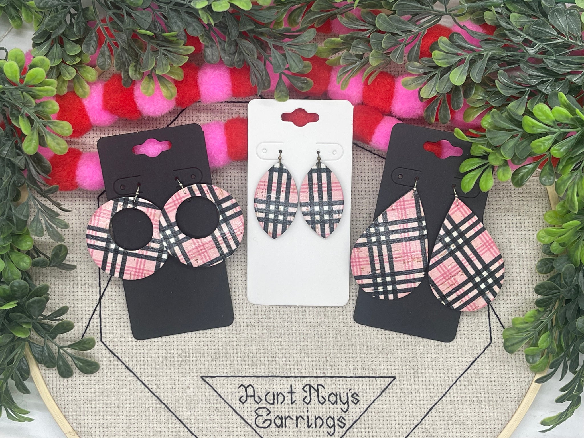 Pink Black and White Plaid Cork on Leather Earrings