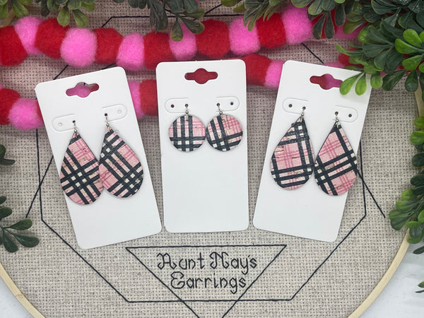 Pink Black and White Plaid Cork on Leather Earrings