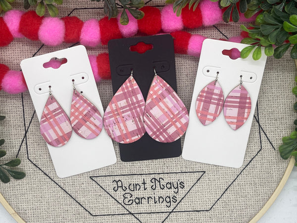 Shades of Pink Plaid Cork on Leather Earrings
