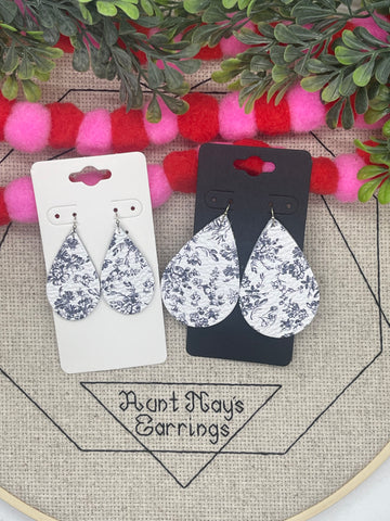 White Leather with a Romantic Gray-Blue Flower Print Earrings