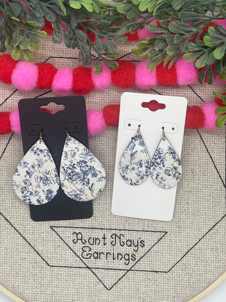 White Cork with a Navy Blue Floral Print Cork on Leather Earrings