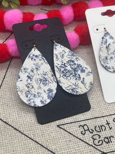 White Cork with a Navy Blue Floral Print Cork on Leather Earrings