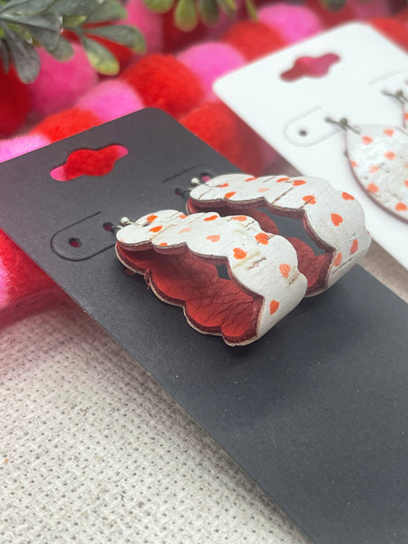 White Cork with a Tiny Red Heart Print Cork on Leather Earrings