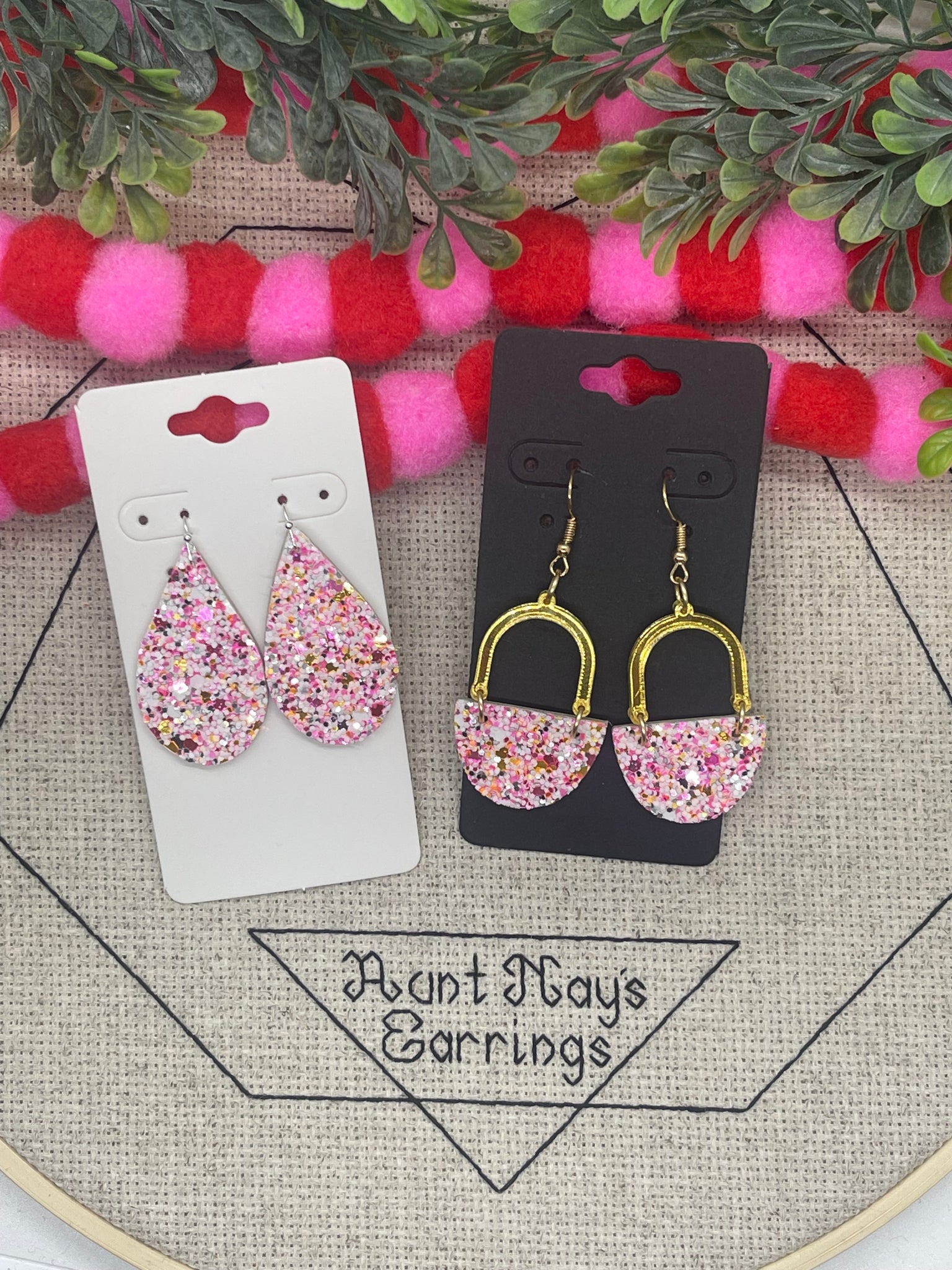 Taffy Pink Gold Silver and White Glitter on Leather Earrings