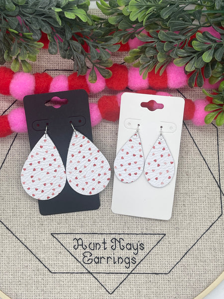 White Leather with Tiny Red and Pink Hearts Print Earrings