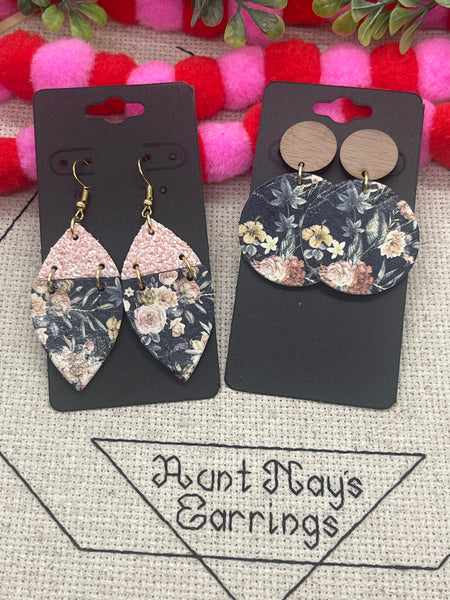 Navy Blue Cork with a Blush Pink Floral Print on Leather Earrings