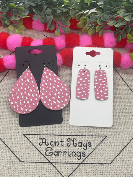 Pink Leather with White Dobs Print Earrings