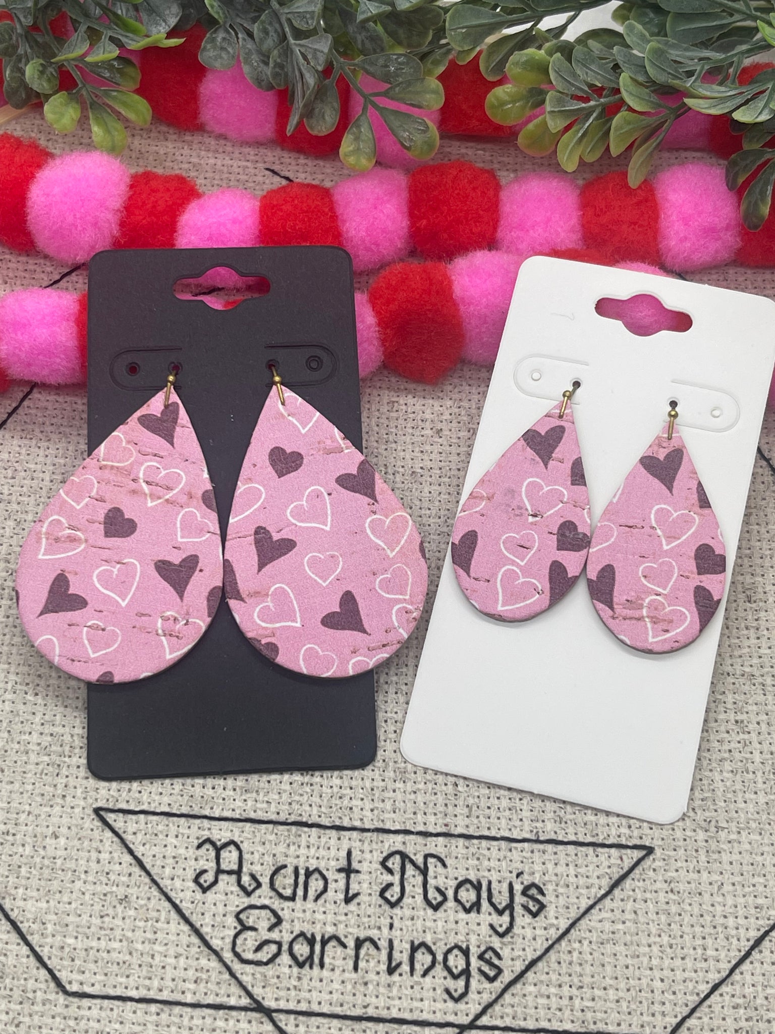 Mauvy Pink Cork with Red and White Hearts on Leather Earrings