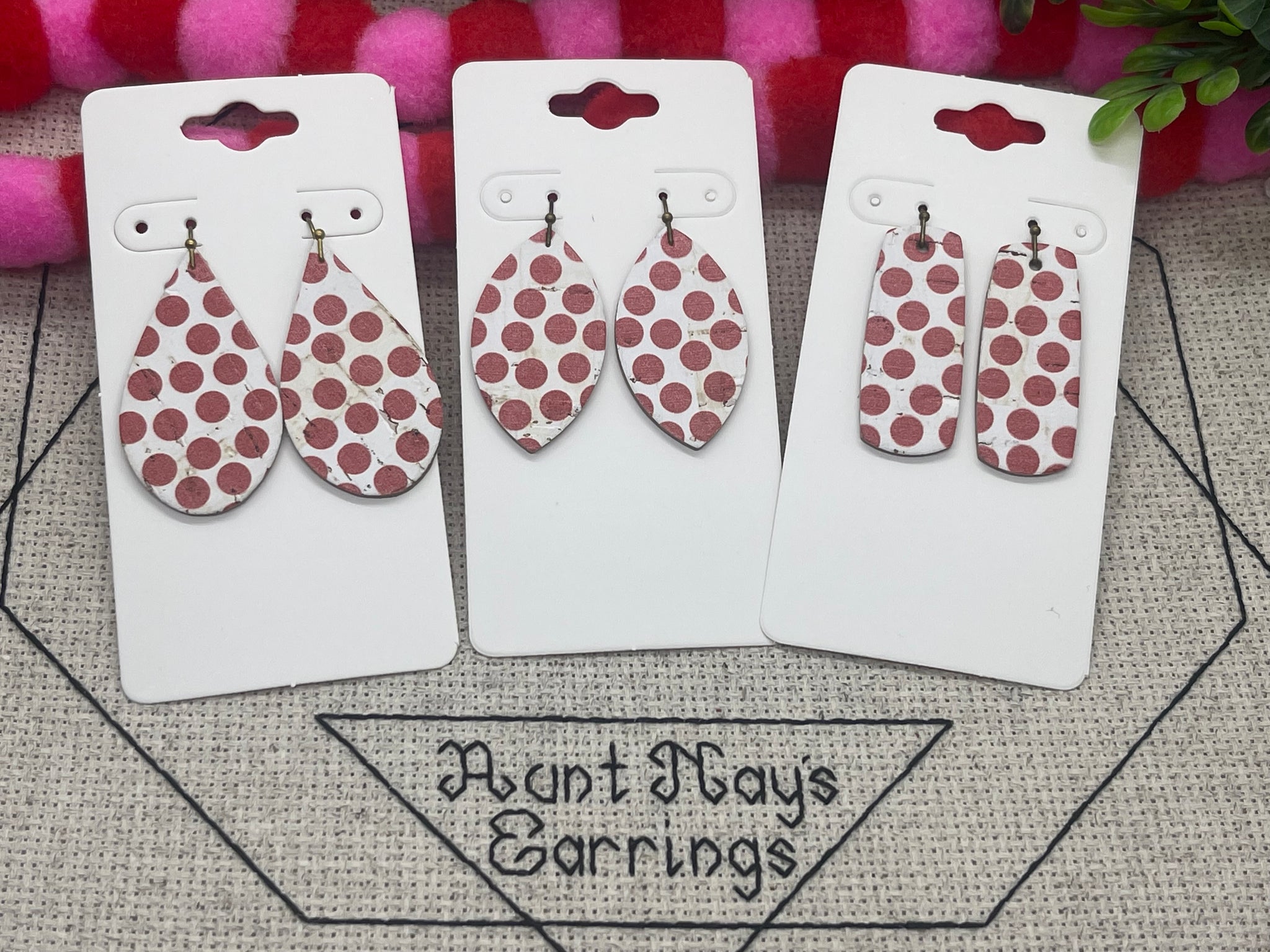White Cork with Red Dots Circles on Leather Earrings