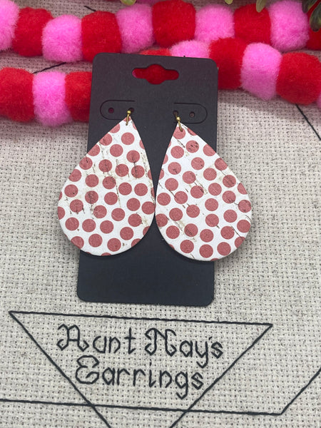 White Cork with Red Dots Circles on Leather Earrings