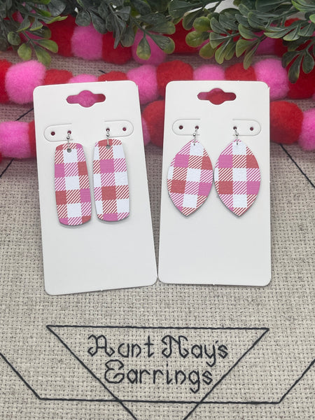 Red Pink and White Buffalo Plaid Print Leather Earrings