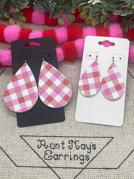 Red Pink and White Buffalo Plaid Print Leather Earrings
