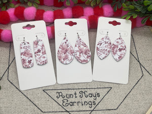 White Leather with a Romantic Pink and Dark Red Flower Print Earrings
