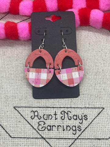 Half Oval Stacked Earrings in Red Cork and Red-Pink-White Buffalo Plaid Cork