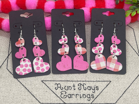 Triple Heart Stacked Earrings in Pink Cork - Pink Dots - and Red-Pink-White Buffalo Plaid