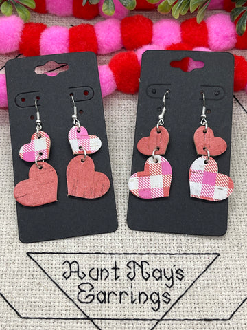 Double Heart Stacked Earrings in Red Cork and Red-Pink-White Plaid