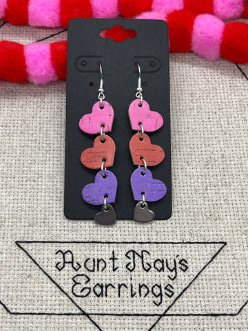 Triple Heart Stacked Cork on Leather Valentine's Day Earrings Pink Red Purple