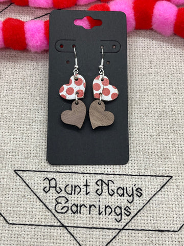 Double Heart Stacked Earrings in Wood and White Cork with Red Dots
