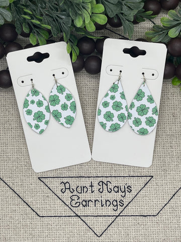 Green 4-Leaf Clover Print Leather Earrings