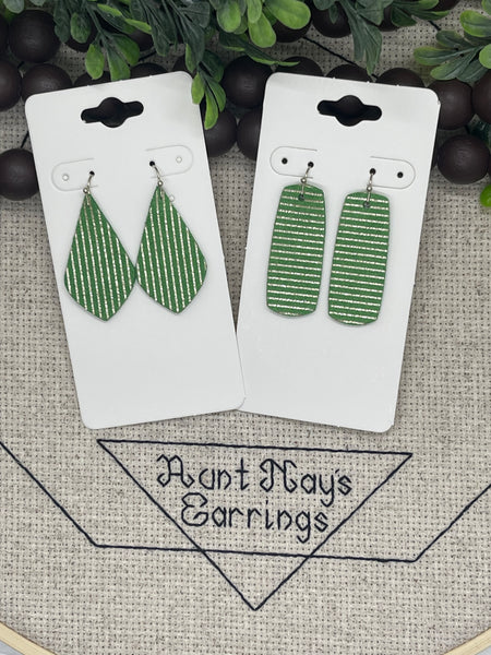 Green Suede with Metallic Gold Pinstripe Print Leather Earrings