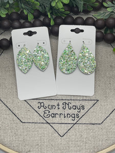 Green White and Silver Chunky Glitter Cork on Leather Earrings