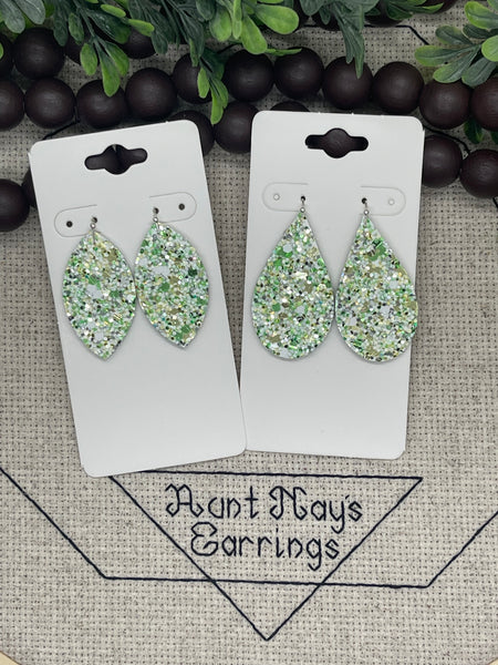 Green White and Silver Chunky Glitter Cork on Leather Earrings