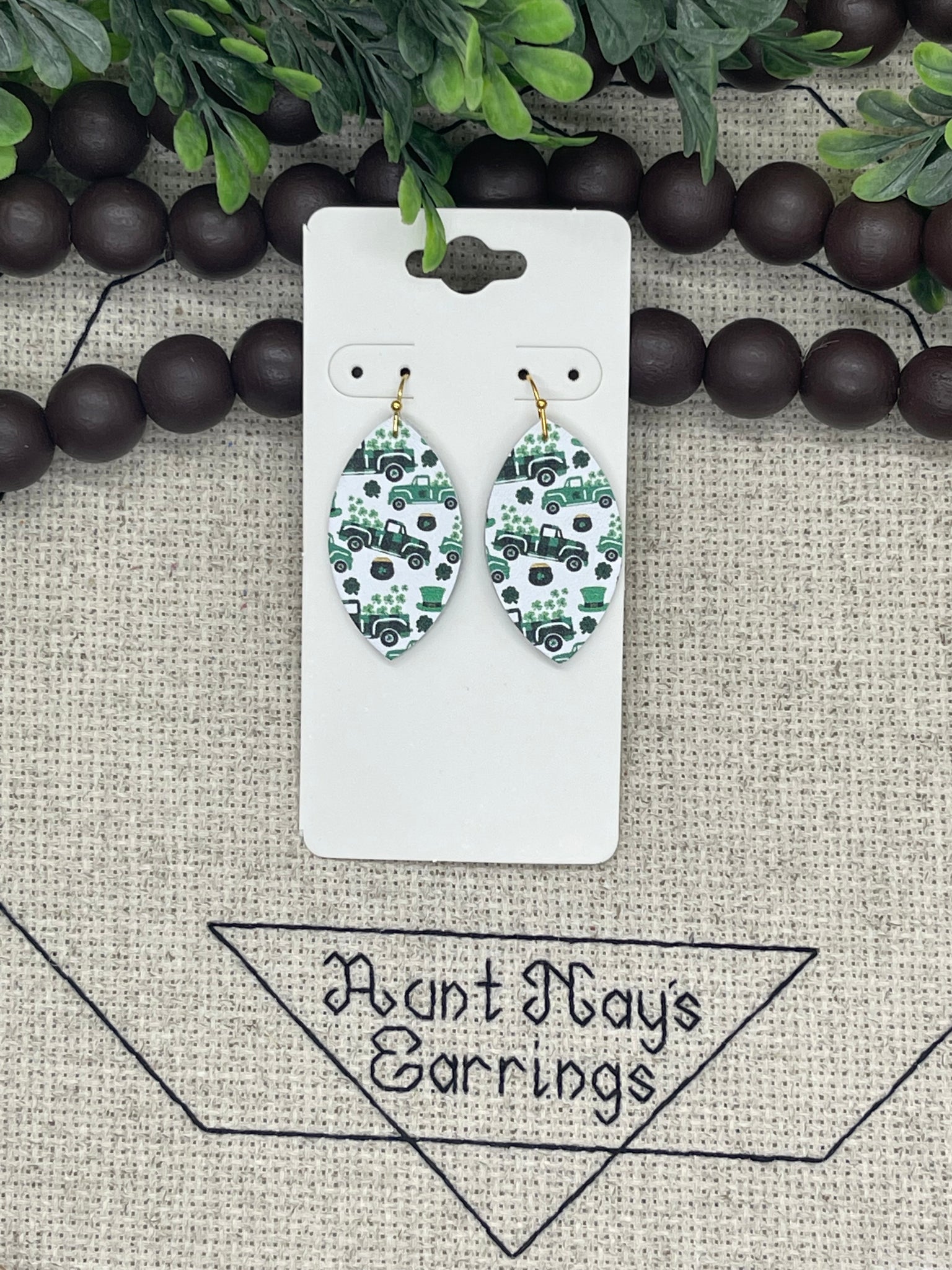 St. Patrick's Day Plaid Truck Print Leather Earrings