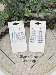 Pink Blue Lavender and Mint Green Plaid on White Leather Earrings