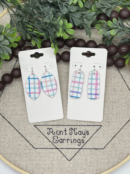 Pink Blue Lavender and Mint Green Plaid on White Leather Earrings
