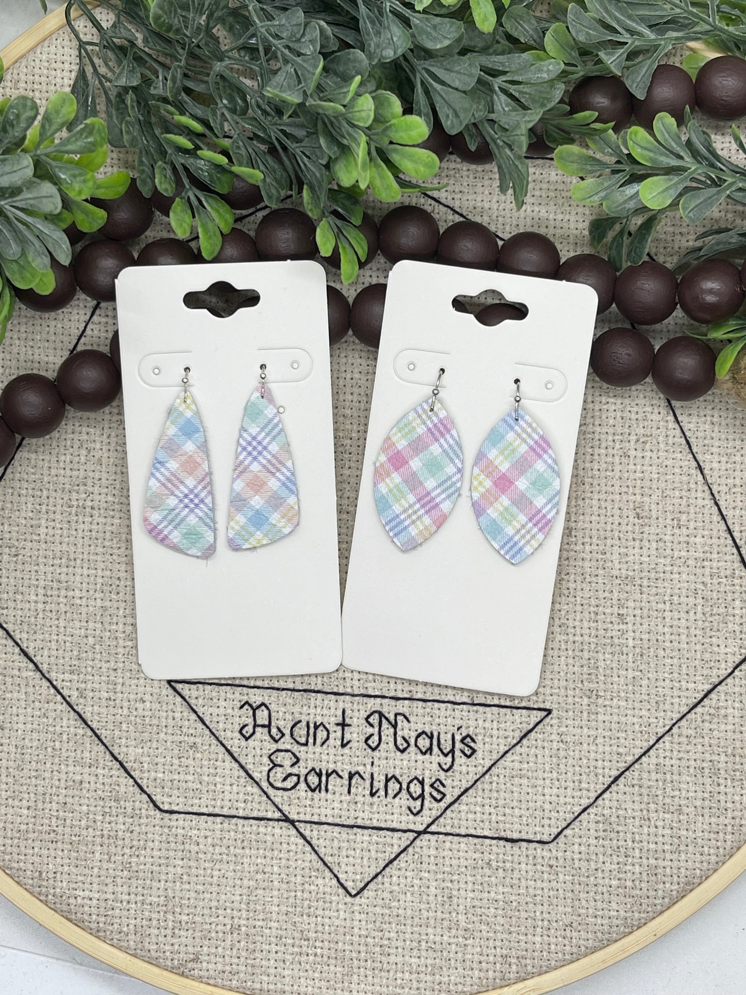 Pink Blue Lavender Mint Green Peach and Yellow Plaid on White Leather Earrings